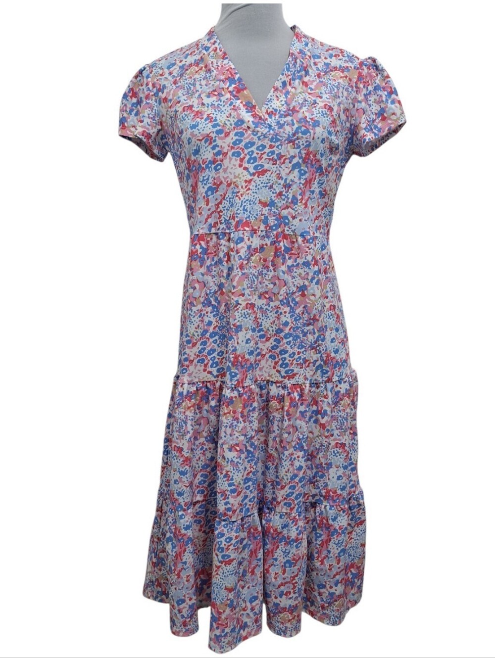 Jude Connally Floral V-Neck Tiered Watercolor Casual Midi Dress Multicolor S NWT